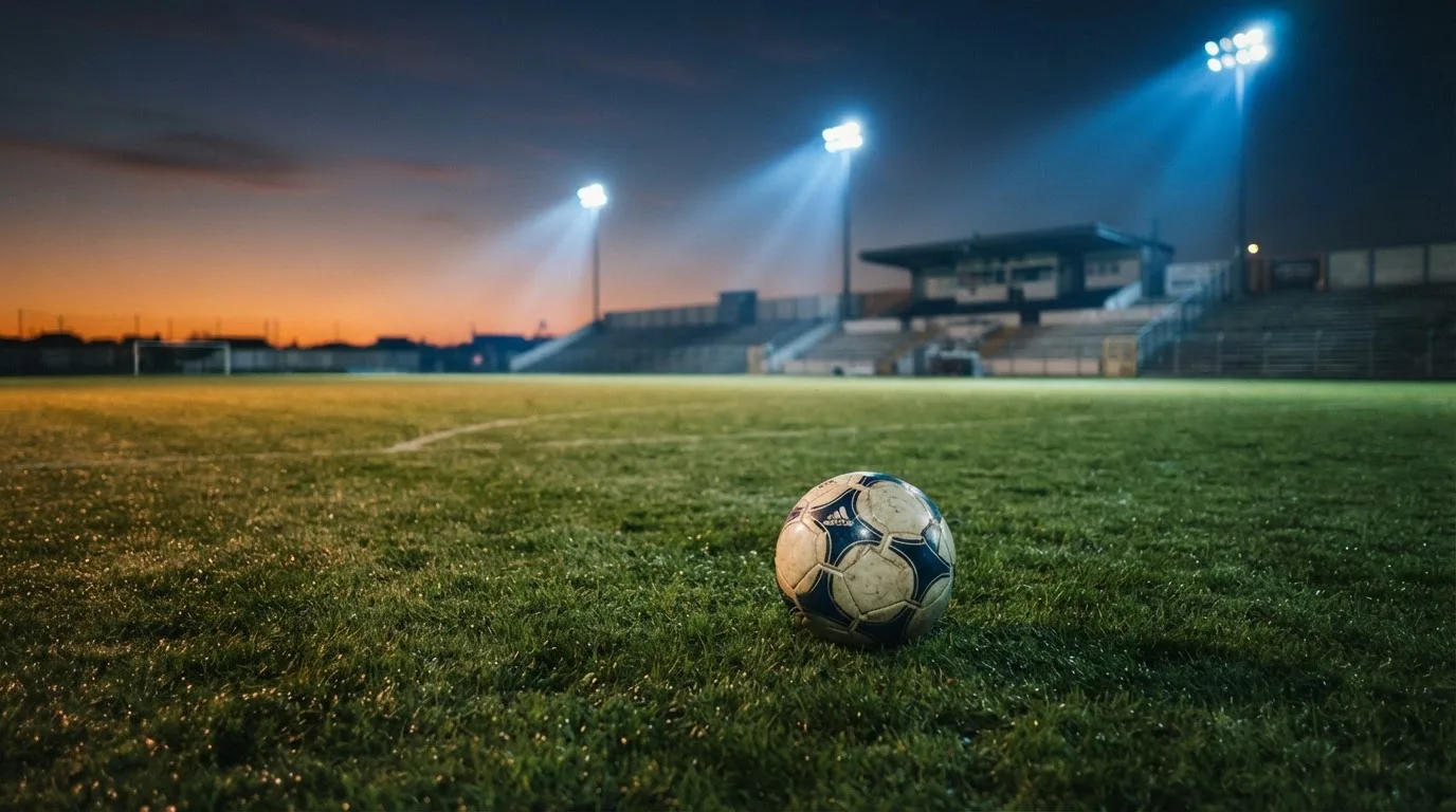 Ein Fußball liegt auf dem Rasen eines leeren Platzes, im Hintergrund ein Stadion unter Flutlicht in der Abenddämmerung.