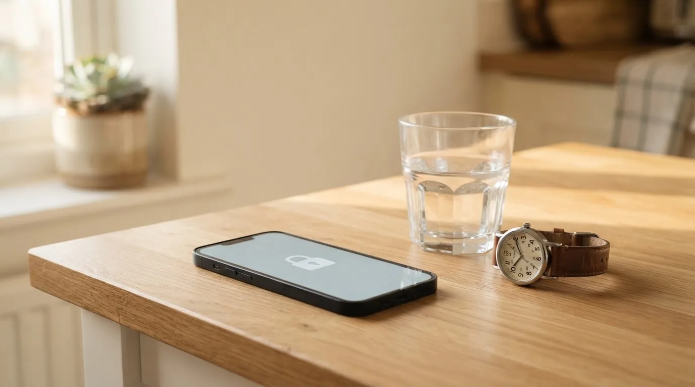 Ein Smartphone liegt mit dem Display nach unten auf einem Küchentisch, daneben stehen ein Glas Wasser und eine Armbanduhr.