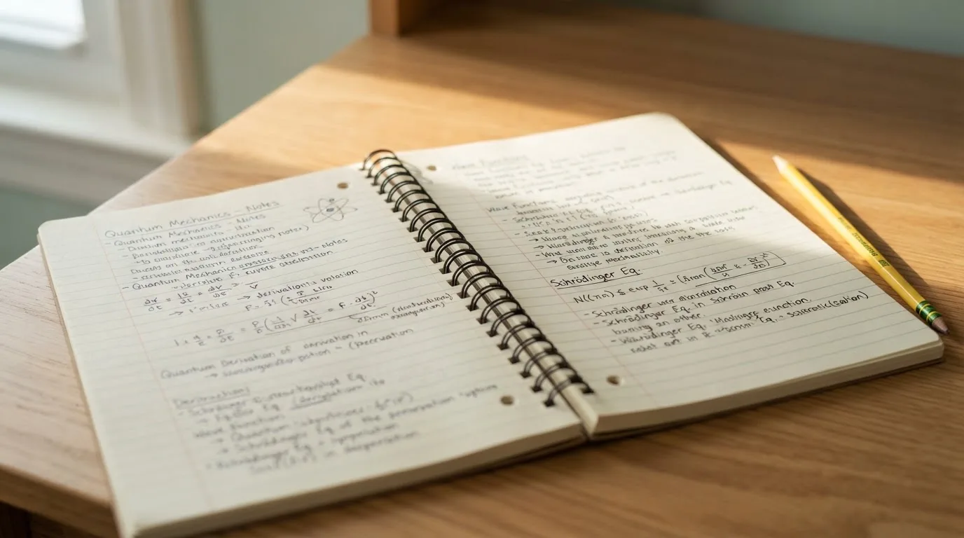 Ein Notizbuch mit handschriftlichen Notizen und ein Bleistift liegen auf einem Schreibtisch am Fenster, draußen fällt Morgenlicht herein.