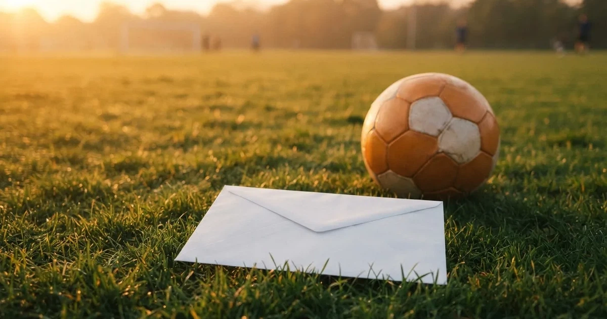 Ein verschlossener leerer Briefumschlag liegt neben einem Fußball auf grünem Rasen im warmen Licht des Nachmittags.