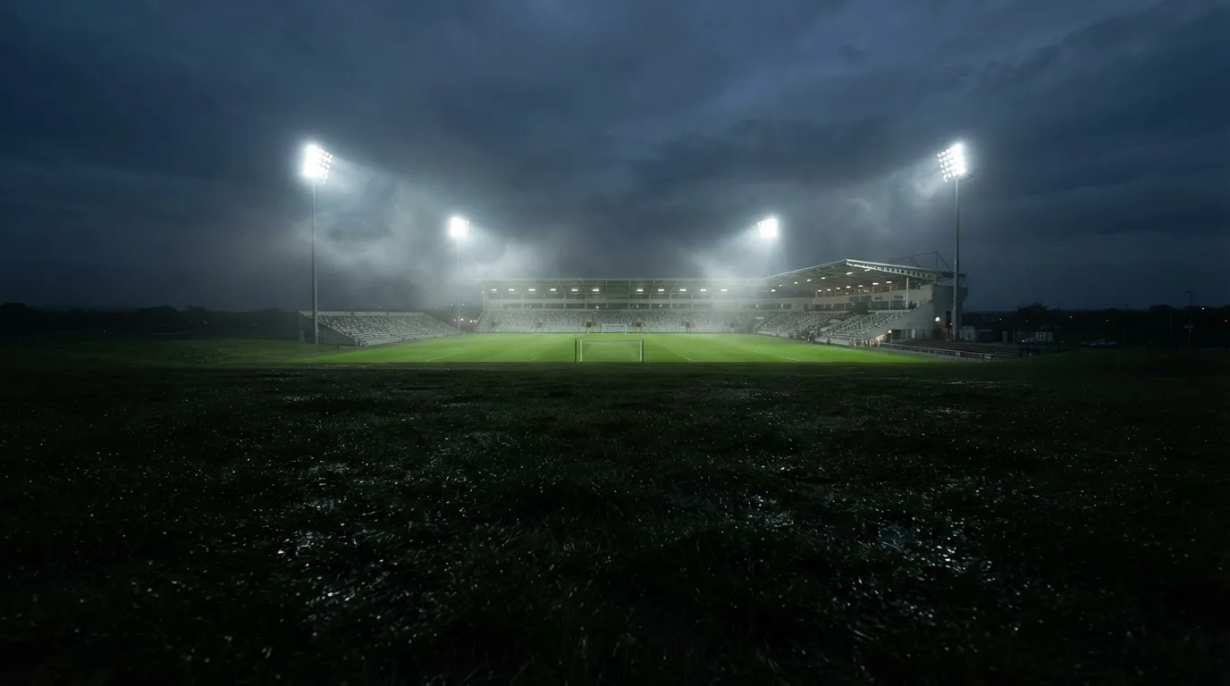 Ein Stadion unter Flutlicht, aus großer Entfernung über eine dunkle Wiese fotografiert, am Himmel zieht Nebel auf.