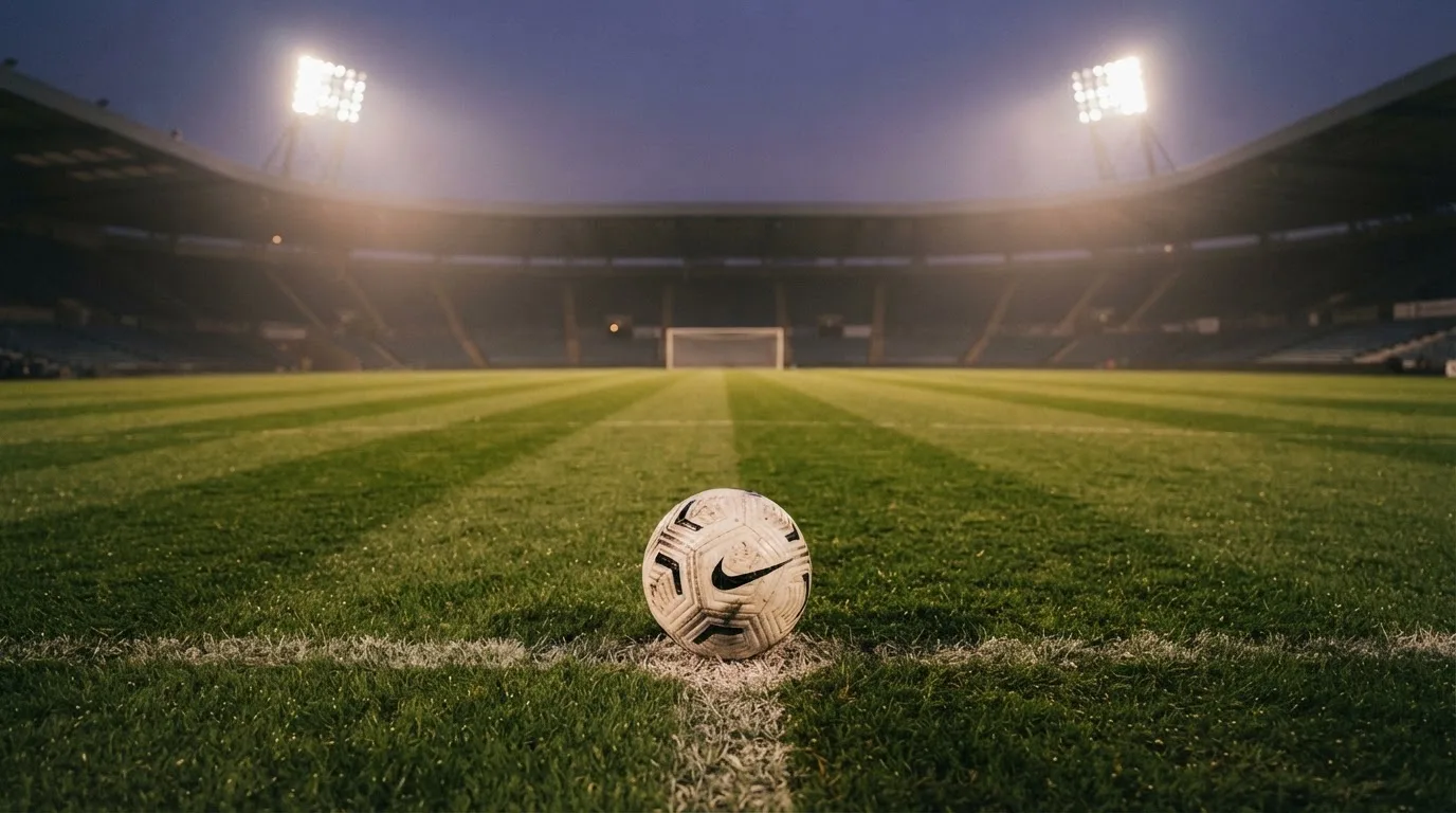 Ein Fußball liegt auf dem Anstoßpunkt eines leeren Rasenplatzes, im Hintergrund steht ein Stadion unter Flutlicht in der Dämmerung.