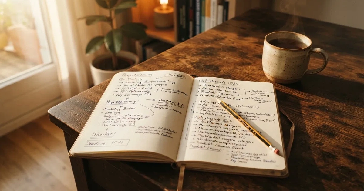 Ein Notizbuch mit handschriftlichen Notizen und Pfeilen liegt aufgeschlagen auf einem Schreibtisch, daneben ein Bleistift und eine Tasse Tee.
