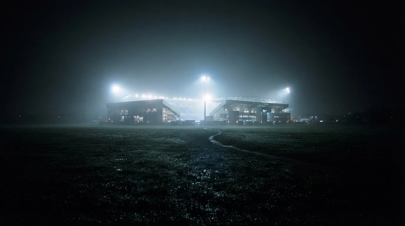 Ein Stadion unter Flutlicht, aus großer Entfernung über eine dunkle Wiese fotografiert, am Himmel zieht Nebel auf.