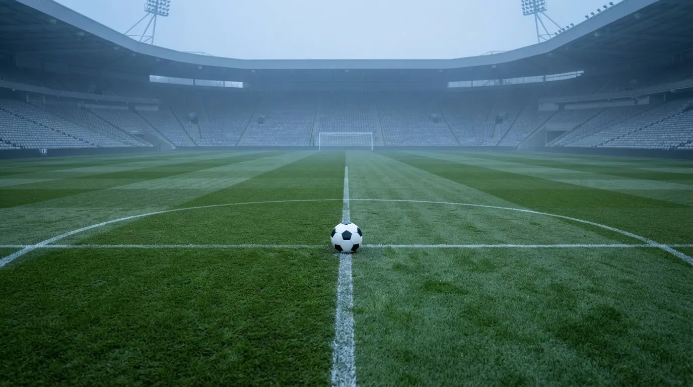 Ein Fußball liegt auf dem Anstoßpunkt eines leeren Rasenplatzes in der Morgendämmerung, im Hintergrund eine leere Tribüne.