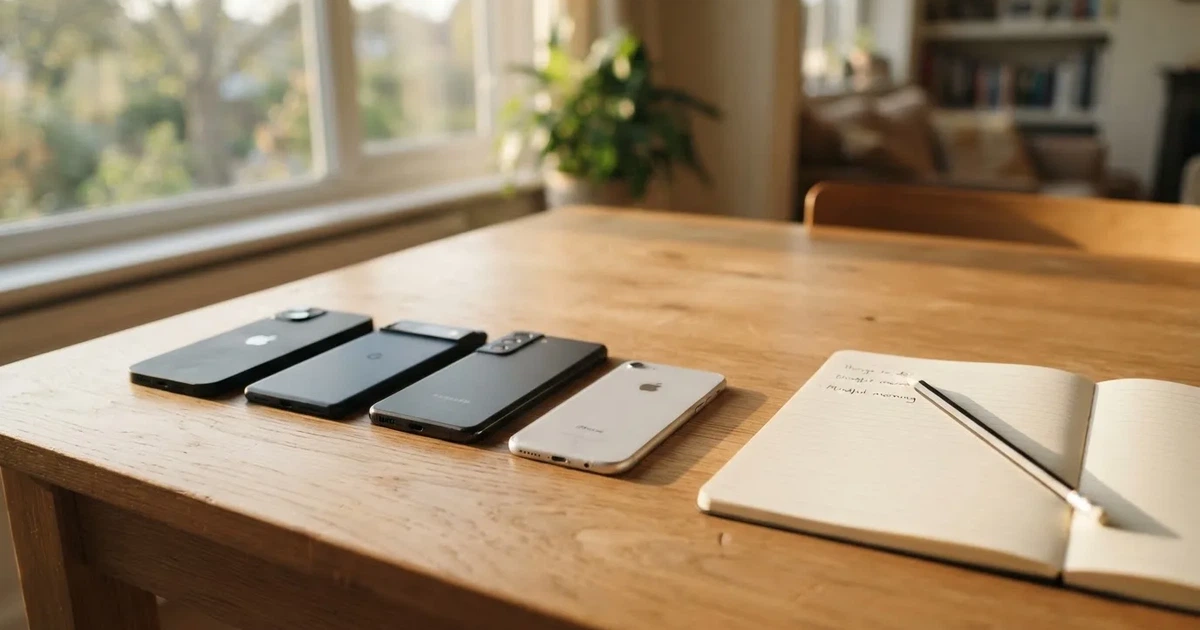 Mehrere Smartphones liegen mit dem Display nach unten neben einem Notizblock und einem Bleistift auf einem hellen Holztisch, seitliches Morgenlicht.