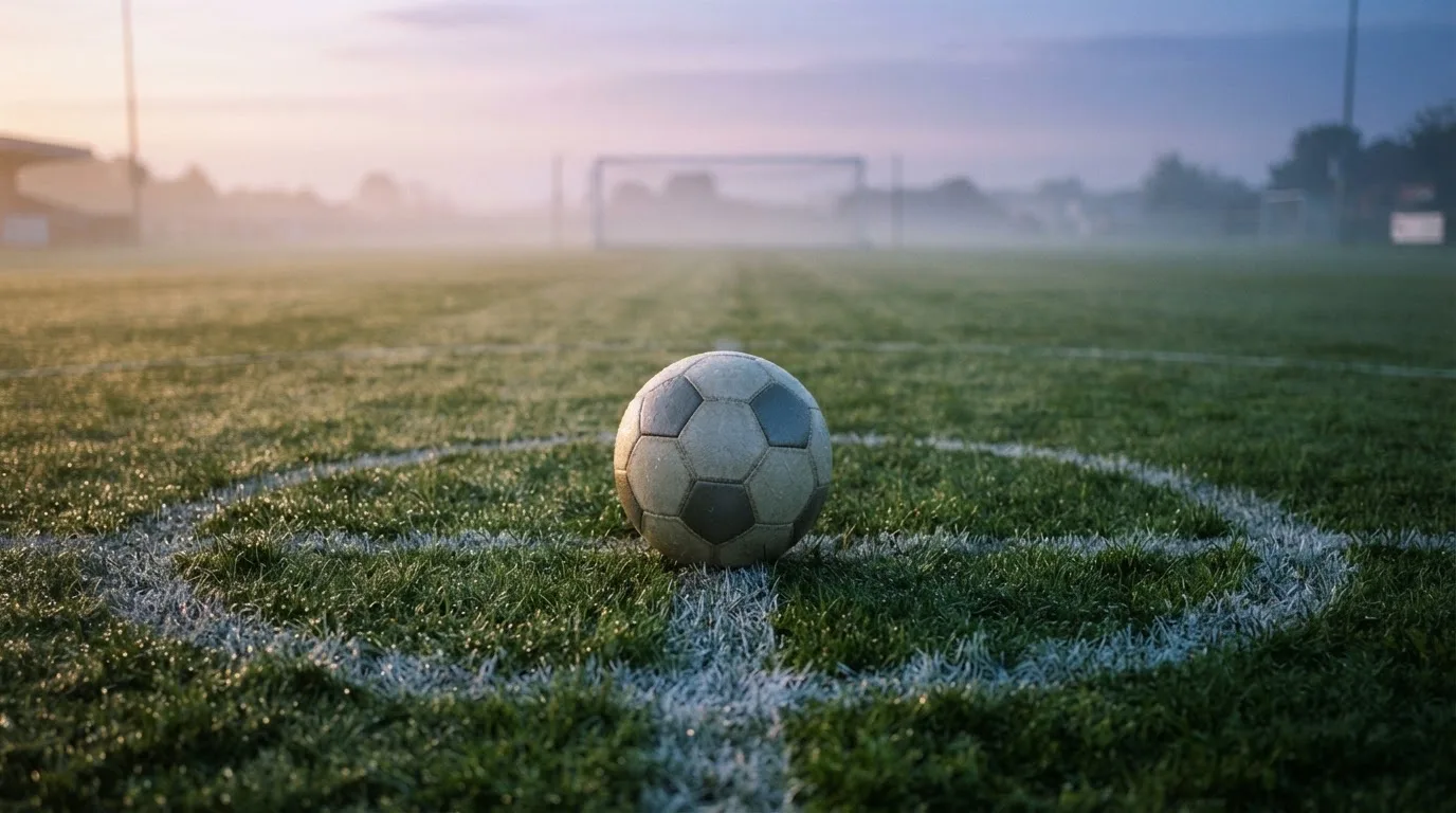 Ein Fußball ruht auf dem Mittelkreis eines leeren Rasenplatzes in der Morgendämmerung, Tau liegt auf dem Gras.