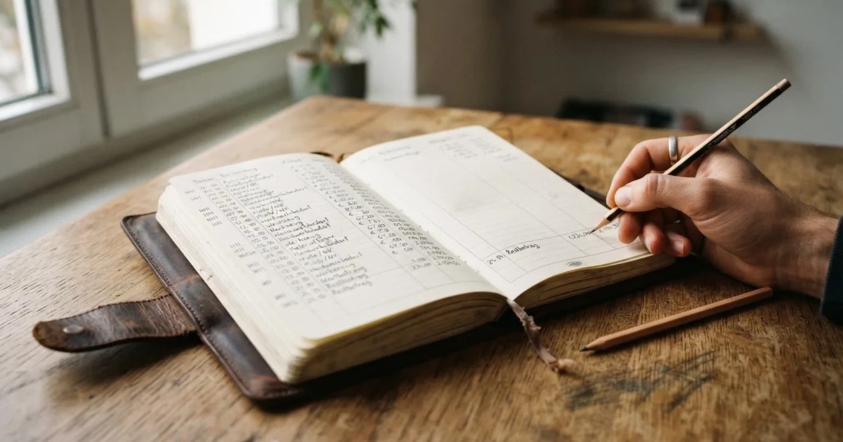 Ein Notizbuch mit handschriftlichen Spalten und Strichlisten liegt neben einem Taschenrechner und einem Bleistift auf einem Schreibtisch.