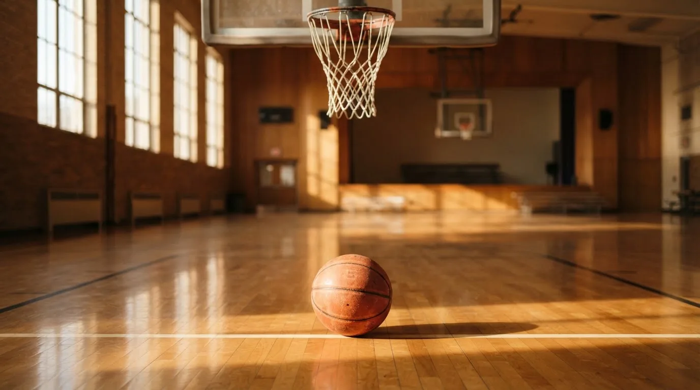 Ein Basketball liegt auf dem Hallenboden unter einem Korb, das Netz hängt ruhig, Morgenlicht fällt durch hohe Fenster.