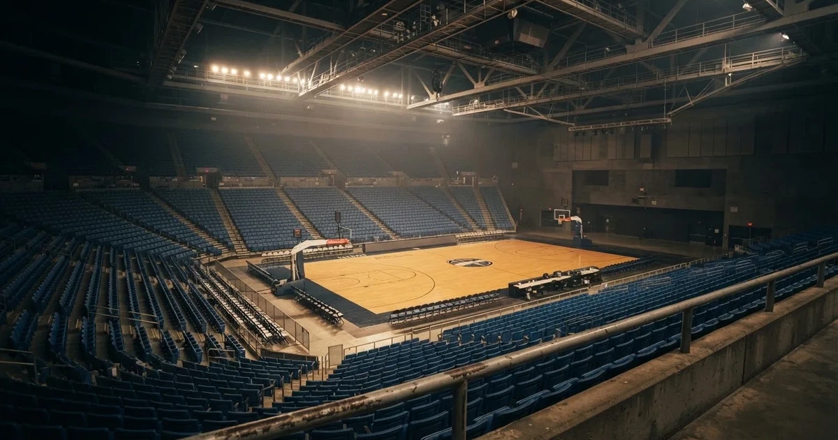 Eine leere Basketballhalle von einer oberen Tribünenreihe aus gesehen, Parkett und Körbe im Licht der Hallenstrahler.