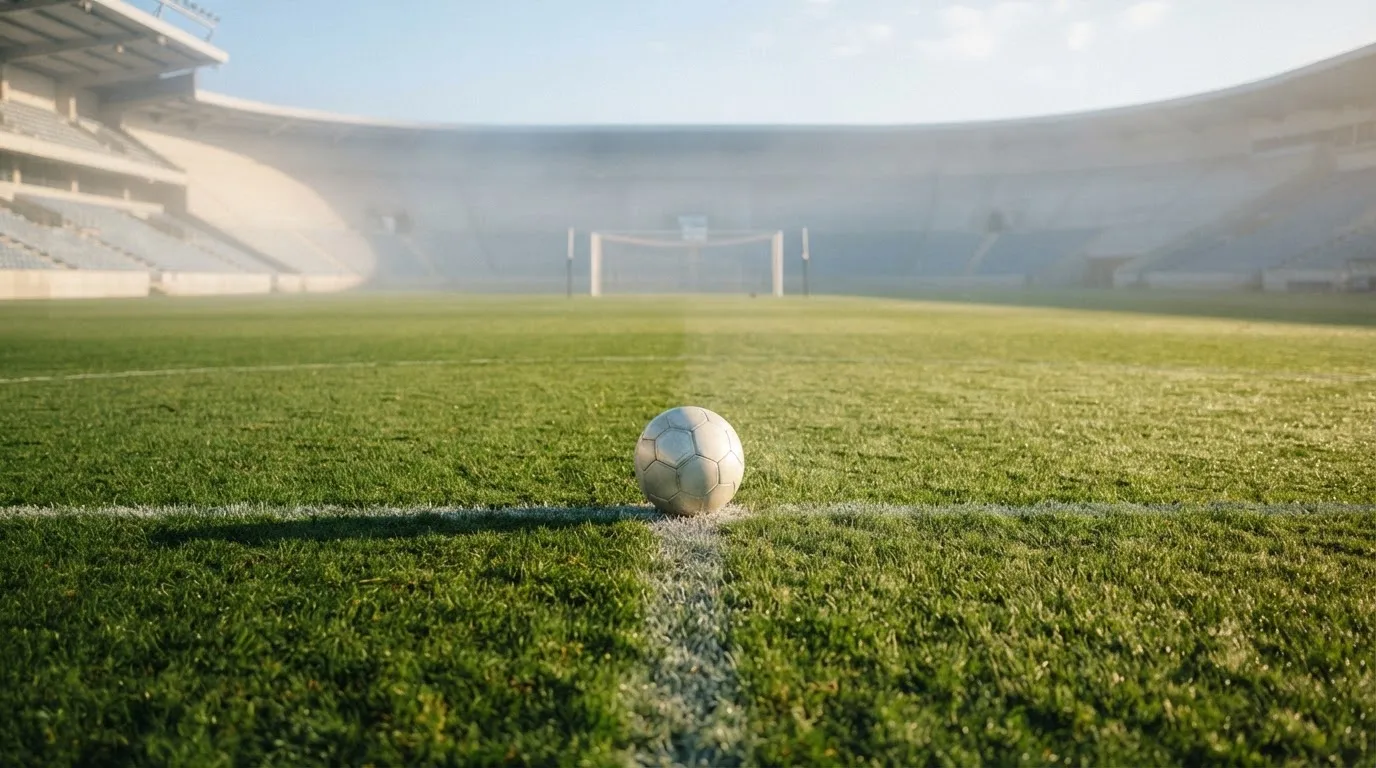 Ein Fußball liegt auf dem Anstoßkreis eines leeren Rasenplatzes im Licht der Morgensonne.