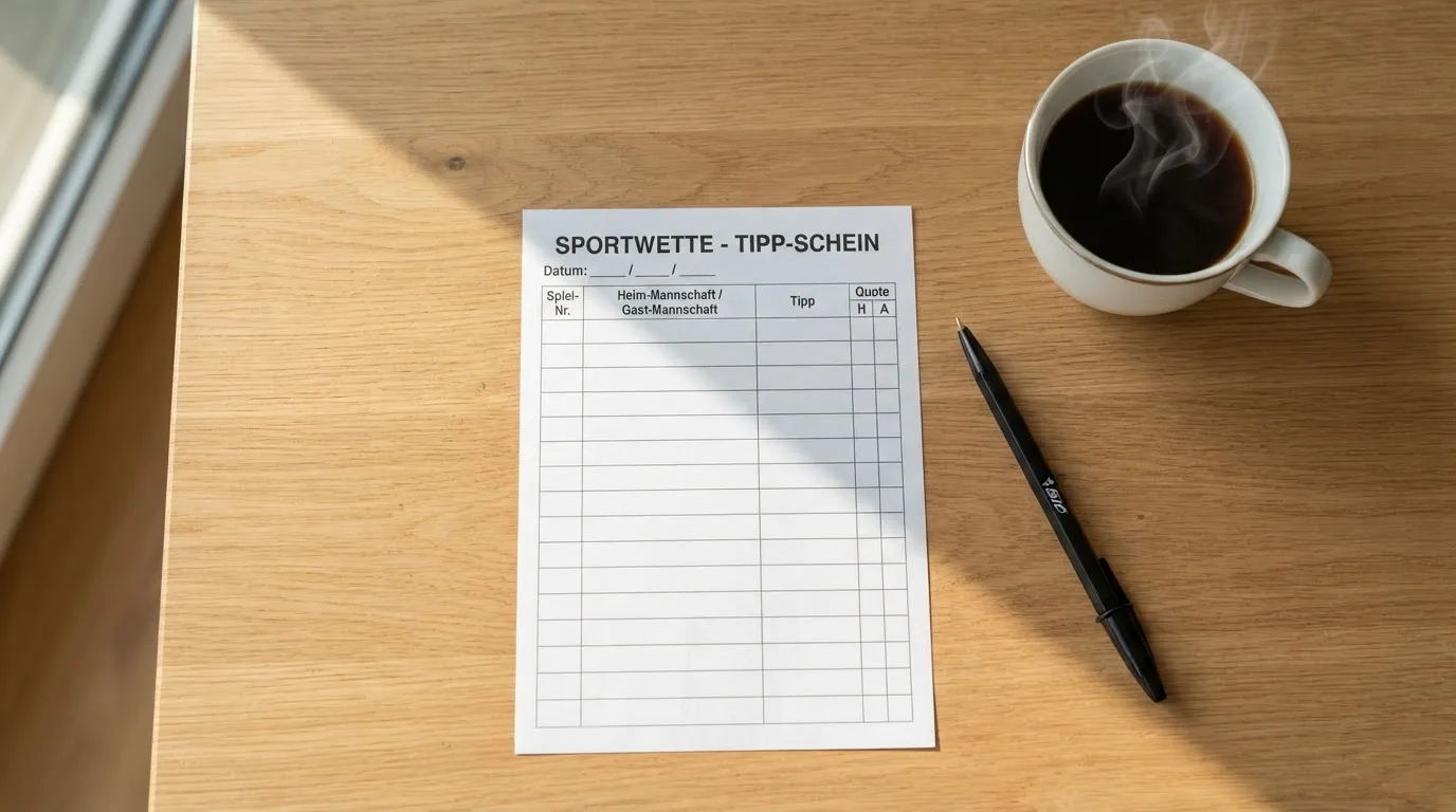 Ein leerer Wettschein aus Papier liegt neben einem Kugelschreiber und einer Tasse auf einem hellen Holztisch.