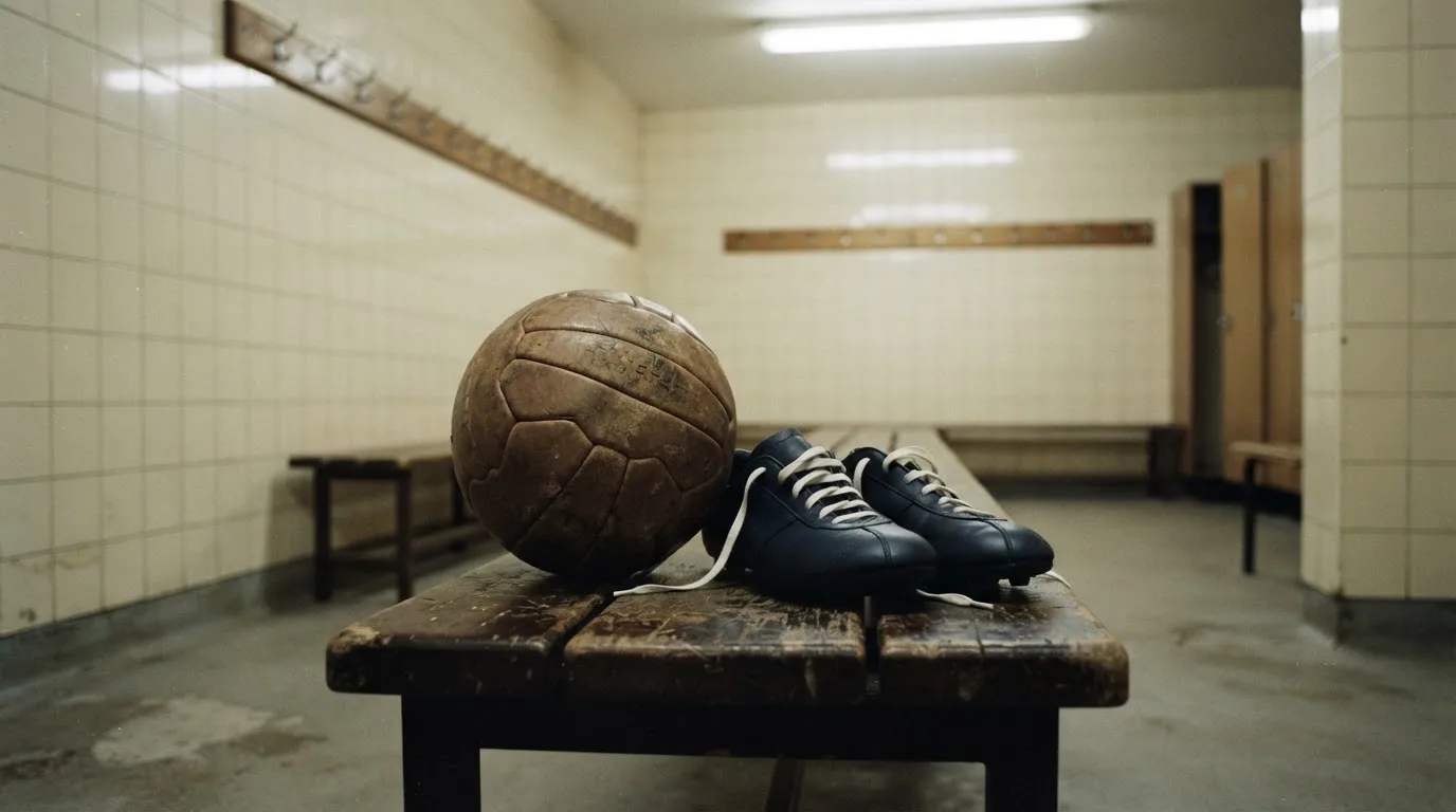 Ein Fußball liegt neben einem Paar Fußballschuhen ohne Markenzeichen auf einer Holzbank in einer leeren Umkleide.