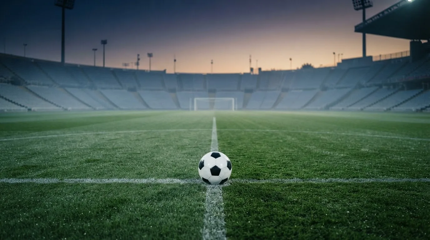 Ein Fußball liegt auf dem Anstoßpunkt eines leeren Rasenplatzes in der Morgendämmerung, im Hintergrund eine leere Tribüne.