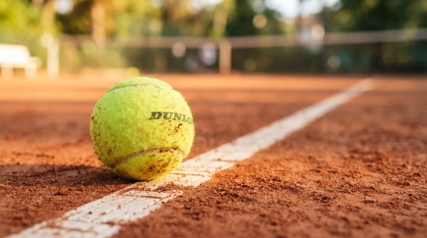 Ein einzelner Tennisball liegt auf rotem Sand neben einer weißen Linie, geringe Schärfentiefe.