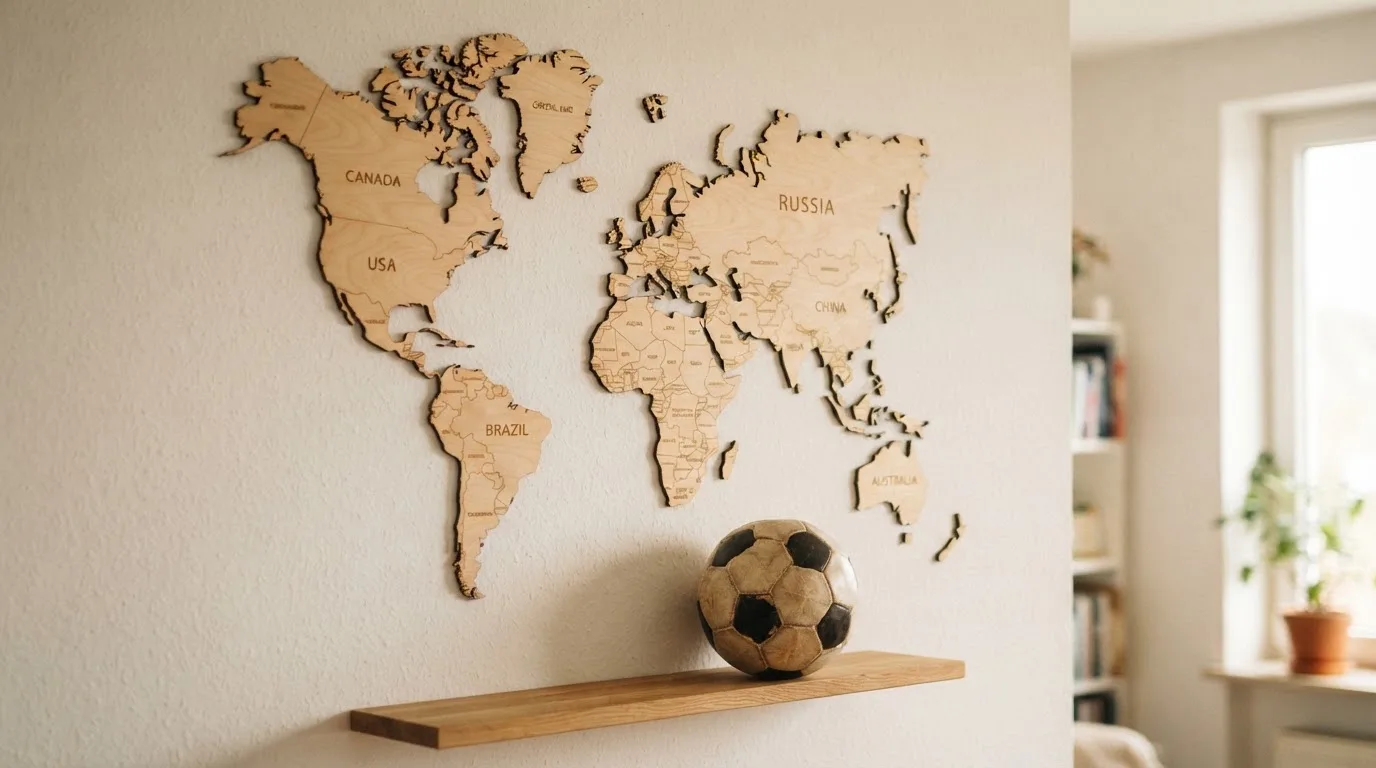 Eine Weltkarte aus Holz hängt an einer Wand, davor liegt ein Fußball auf einem Regal, ohne erkennbare Beschriftung.