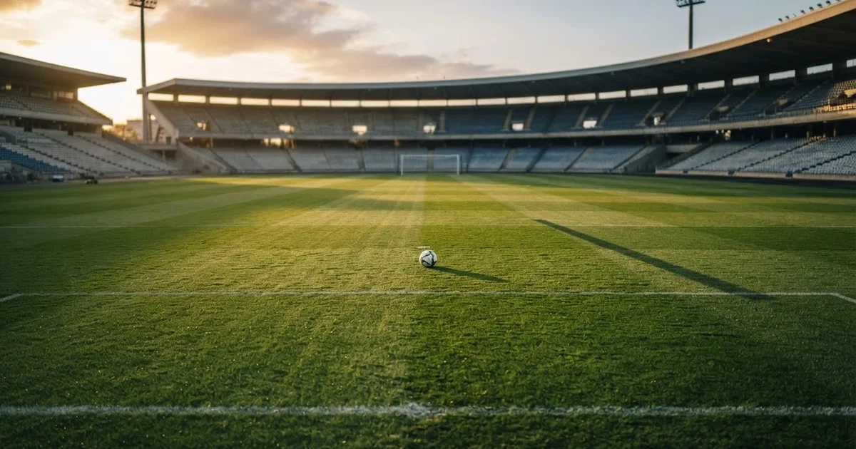 Ein Fußballplatz mit frisch gemähtem Rasen im Abendlicht, ein Ball liegt im Strafraum, im Hintergrund unscharf eine leere Tribüne.
