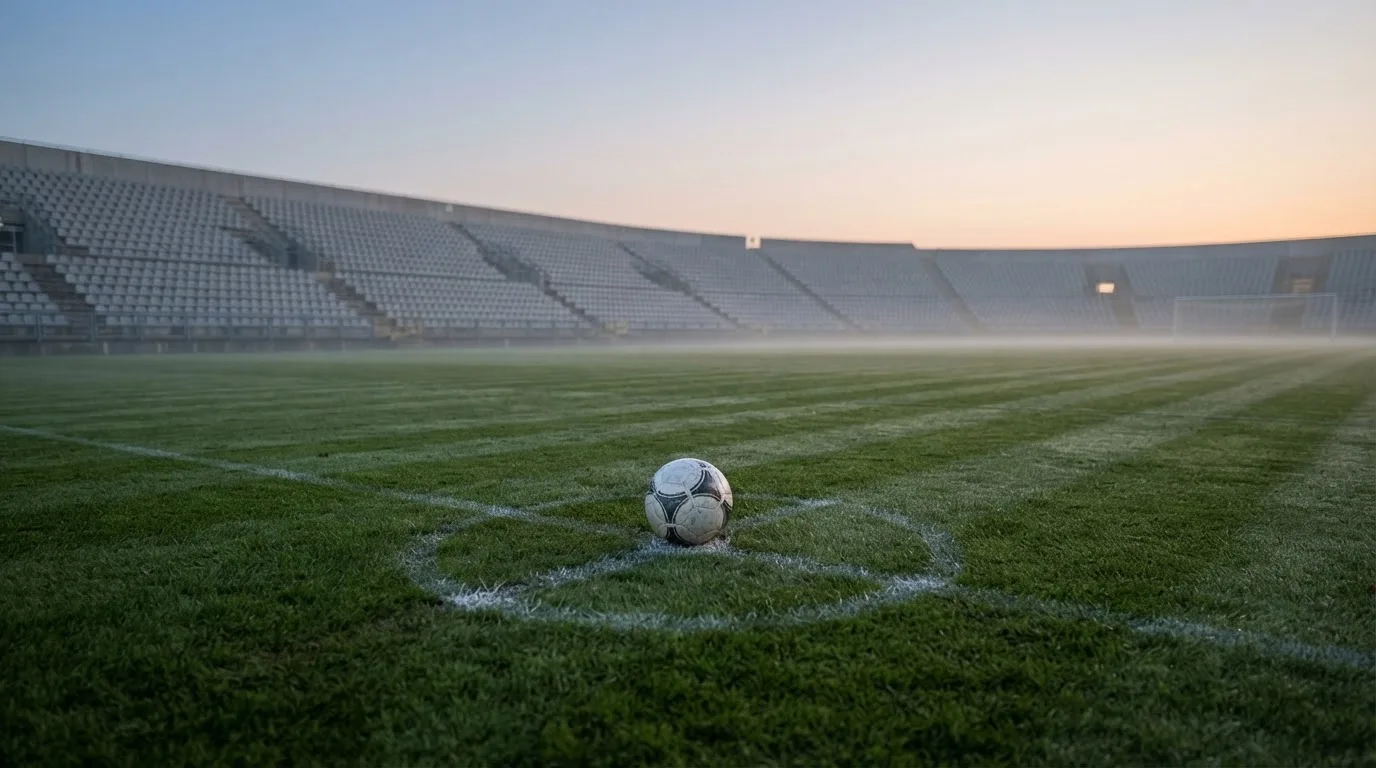 Ein Fußball liegt auf dem Anstoßpunkt eines leeren Rasenplatzes im frühen Morgenlicht, dahinter eine leere Tribüne.