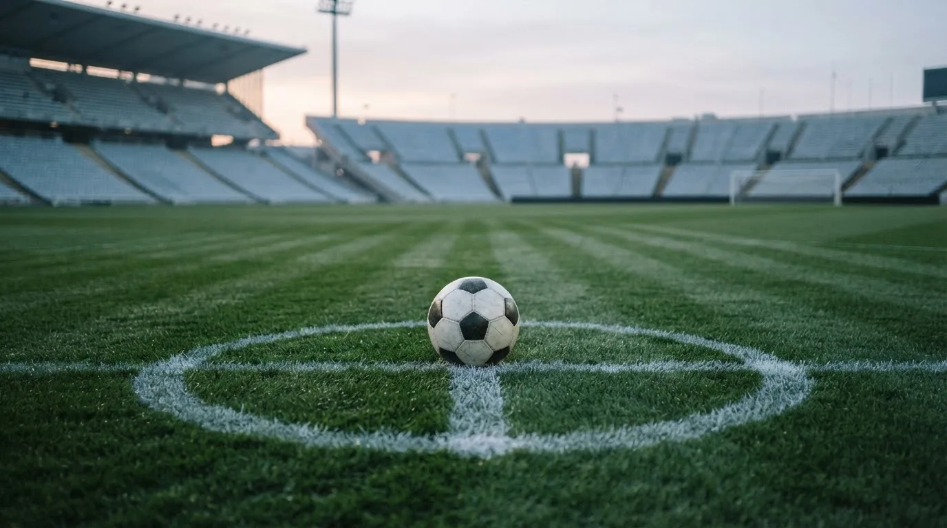 Ein Fußball liegt auf dem Anstoßpunkt eines leeren Rasenplatzes im frühen Morgenlicht, dahinter eine leere Tribüne.