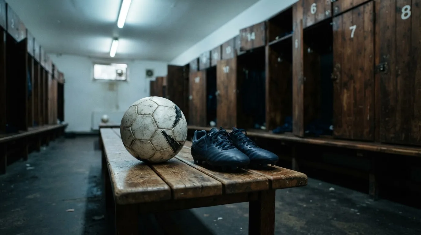 Ein Fußball liegt auf einer Holzbank in einer leeren Umkleide neben einem Paar Fußballschuhen ohne Markenzeichen.