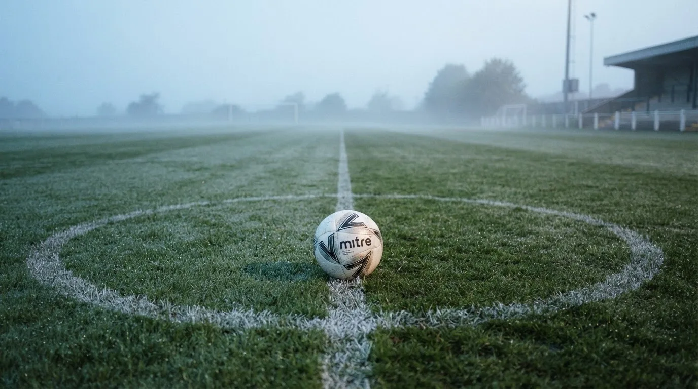 Ein Fußball ruht auf dem Mittelkreis eines leeren Rasenplatzes in der Morgendämmerung, Tau liegt auf dem Gras.