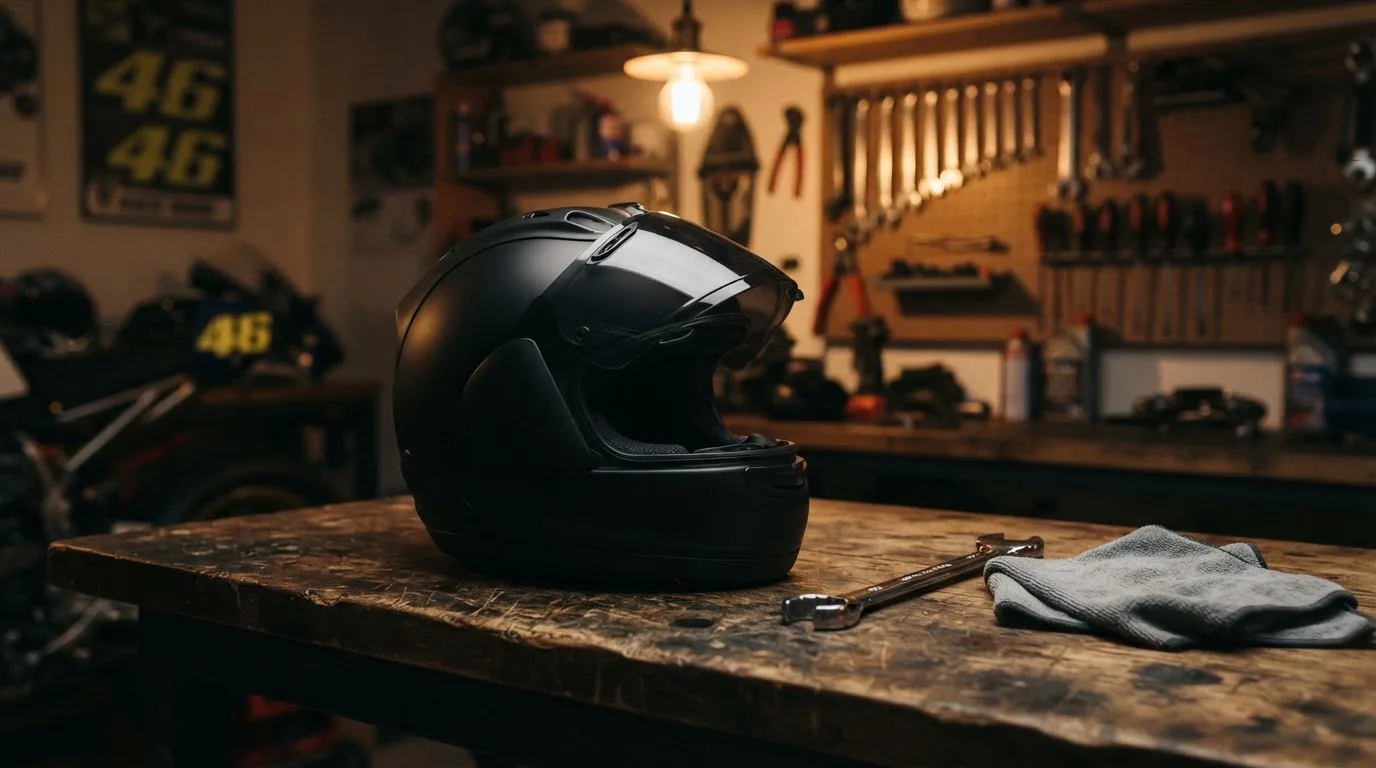 Ein schwarzer Motorradhelm ohne Aufdruck liegt auf einer Werkbank neben einem Schraubenschlüssel, warmes Licht einer Werkstatt.