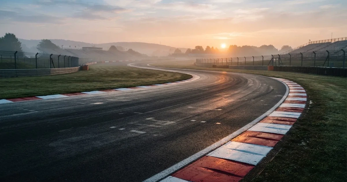 Eine leere Rennstrecke mit rot-weißen Randsteinen im frühen Morgenlicht, auf dem Asphalt liegt dünner Nebel, keine Fahrzeuge.