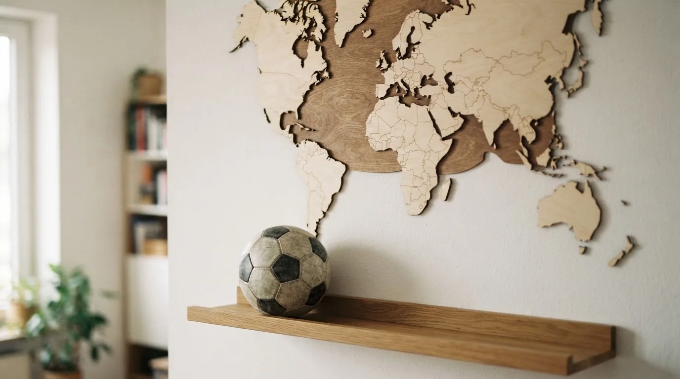 Eine Weltkarte aus Holz hängt an einer Wand, davor liegt ein Fußball auf einem Regal, ohne erkennbare Beschriftung.