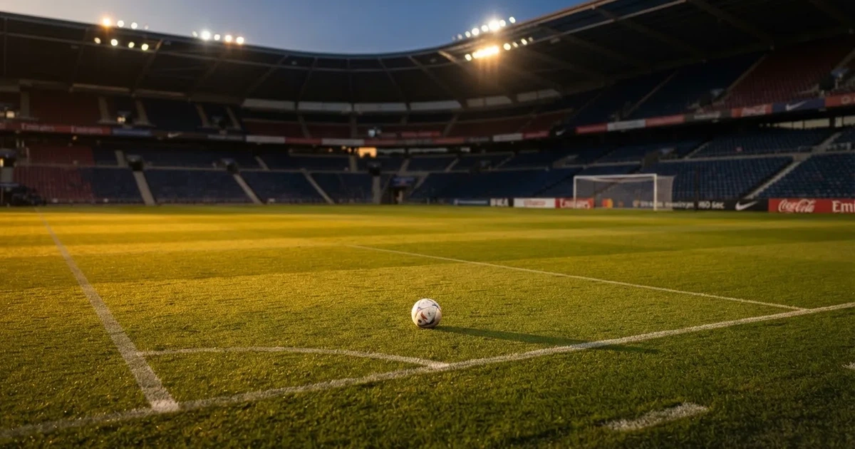 Ein Fußballplatz mit frisch gemähtem Rasen im Abendlicht, ein Ball liegt im Strafraum, im Hintergrund unscharf eine leere Tribüne.