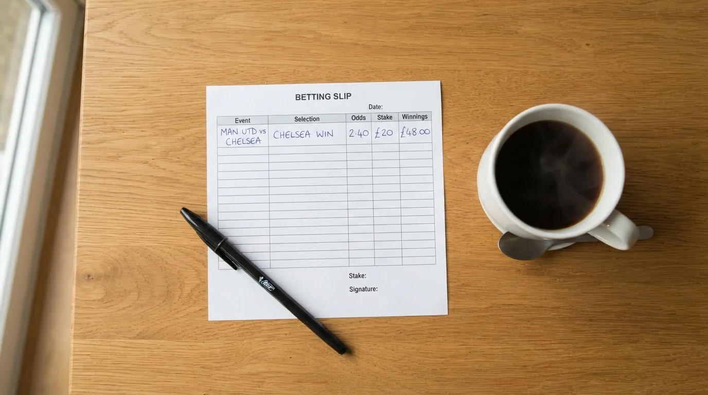 Ein leerer Wettschein aus Papier liegt neben einem Kugelschreiber und einer Tasse Kaffee auf einem Holztisch, Aufnahme von oben.