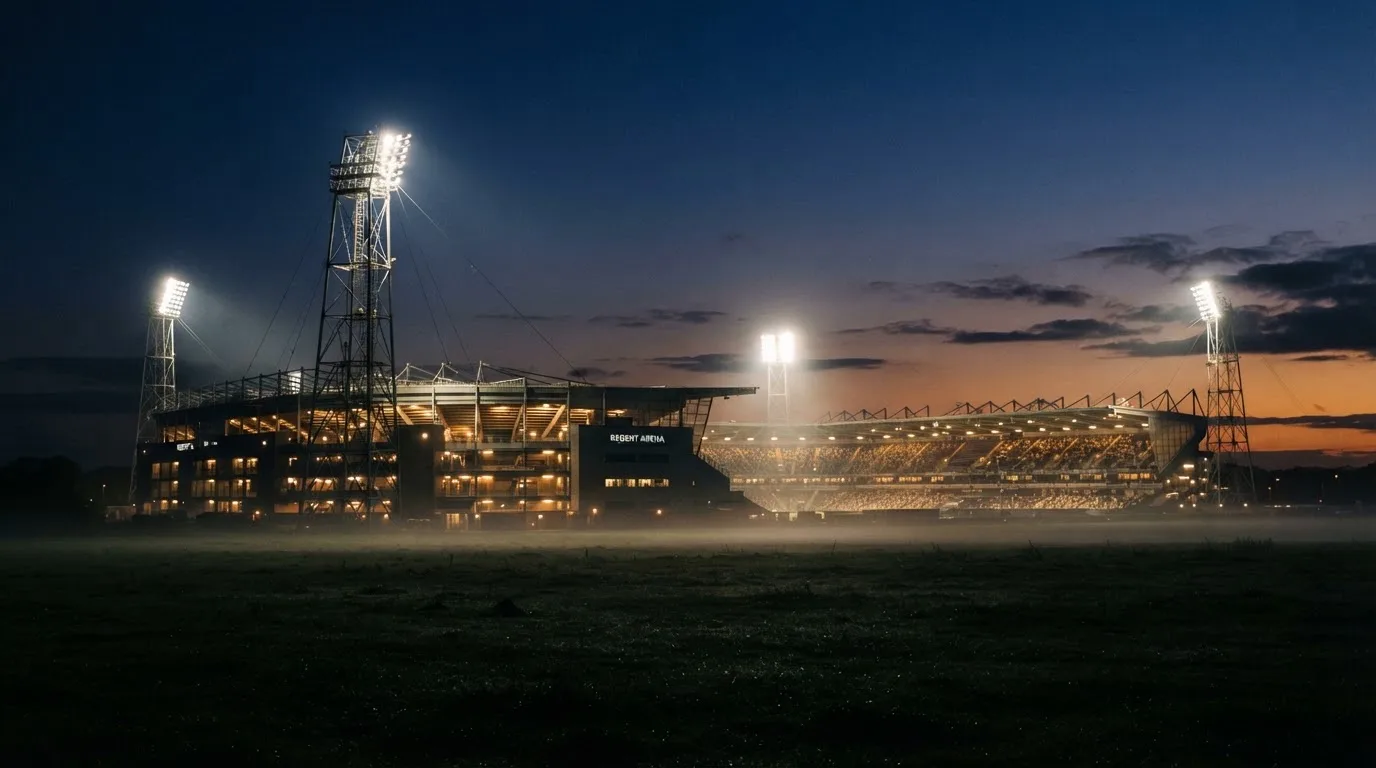 Ein großes Stadion unter Flutlicht, aus der Ferne über eine dunkle Wiese gesehen, die Lichtmasten spiegeln sich im Dunst der Abenddämmerung.