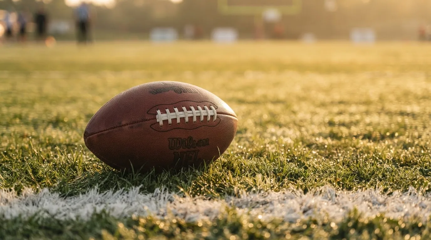 Ein ovaler Lederball mit heller Schnürung liegt auf dem Rasen vor der Endzone, Tau auf dem Gras im ersten Morgenlicht.