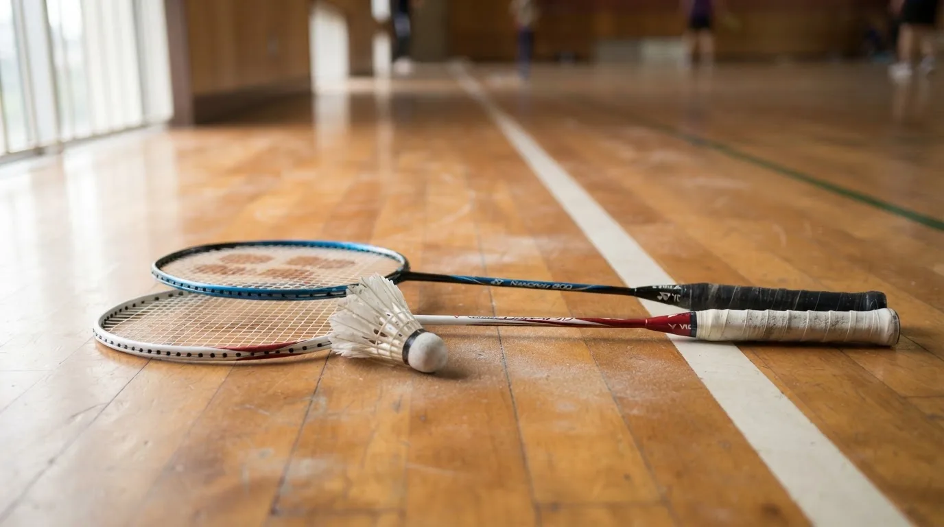 Zwei Badmintonschläger und ein Federball liegen auf einem Holzboden neben der Seitenlinie, weiches Licht fällt von der Seite ein.