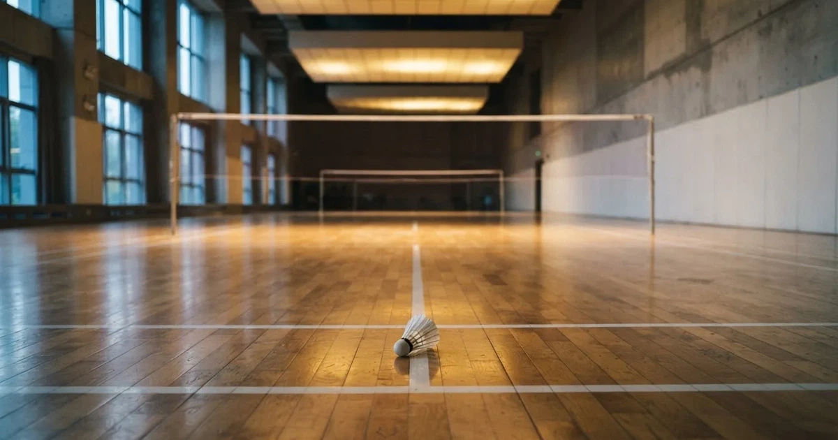 Eine leere Badmintonhalle mit gespanntem Netz und hellen Hallenlichtern, ein Federball liegt auf dem Hallenboden.