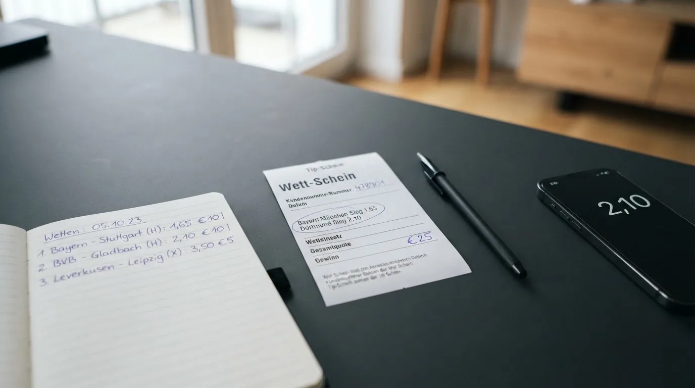 Ein leerer Papierwettschein und ein Kugelschreiber auf einer glatten Schreibtischplatte, daneben ein aufgeschlagenes Notizbuch mit handschriftlichen Notizen.