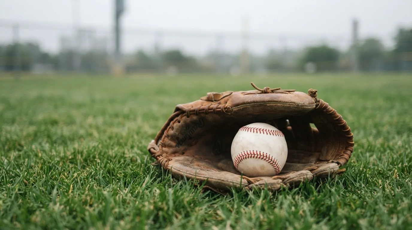 Ein weißer Baseball und ein Lederhandschuh liegen auf kurz geschnittenem Gras, im Hintergrund eine verschwommene Spielfeldbande.