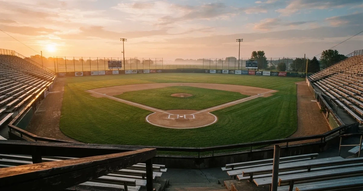 Ein Baseballfeld mit dem hellbraunen Infield und gepflegtem Rasen, von der Tribüne aus gesehen, die Ränge leer, tiefe Abendsonne.