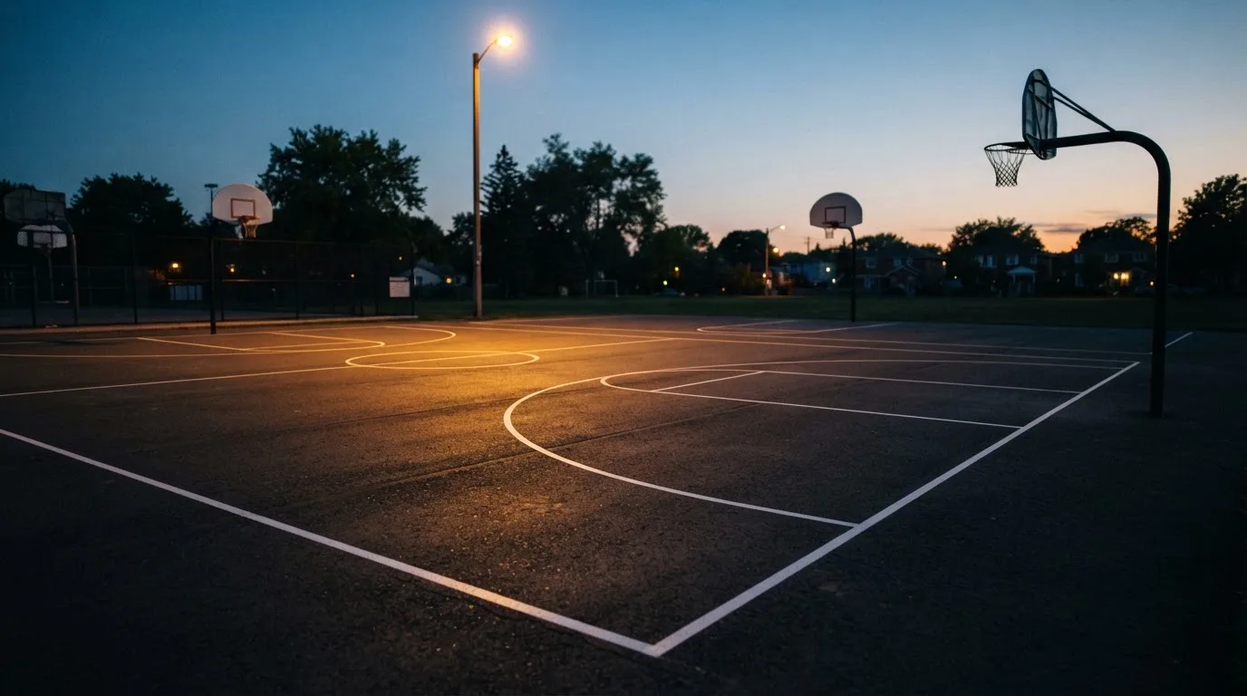 Ein Freiluft-Basketballplatz am Abend mit Asphalt, Linien und zwei Körben unter einer Straßenlaterne.