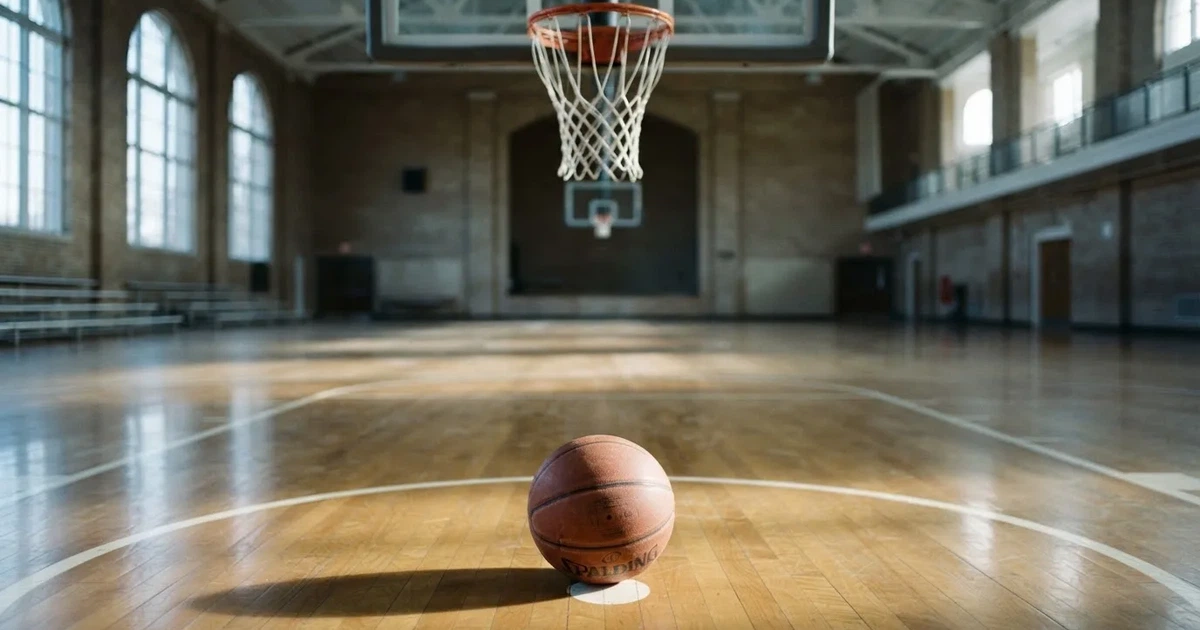 Ein Basketball liegt unter dem Korb auf dem Parkett einer leeren Sporthalle, Licht fällt durch hohe Fenster.