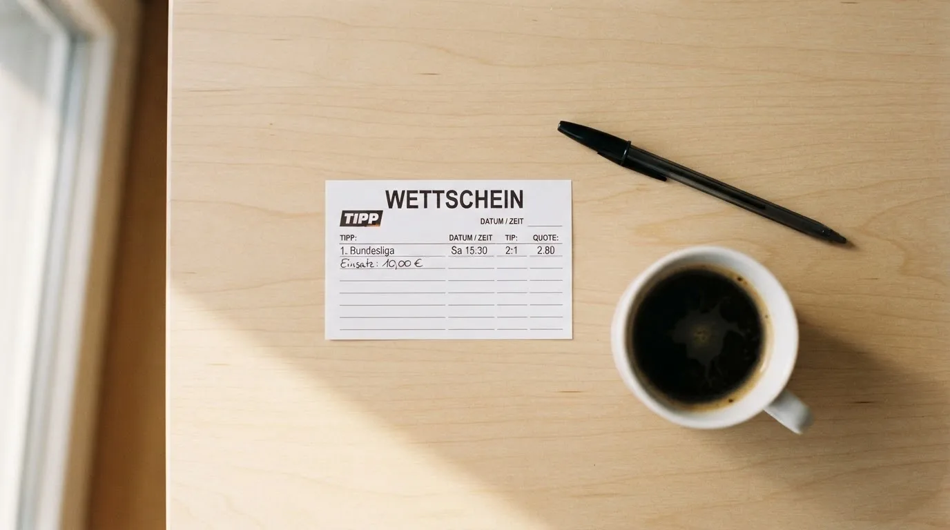 Ein leerer Wettschein aus Papier liegt neben einem Kugelschreiber und einer Tasse auf einem hellen Holztisch.