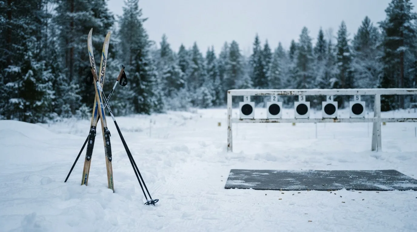 Ein Paar Langlaufskier steckt aufrecht im Schnee neben einem leeren Schießstand mit runden Zielscheiben, kaltes Winterlicht.
