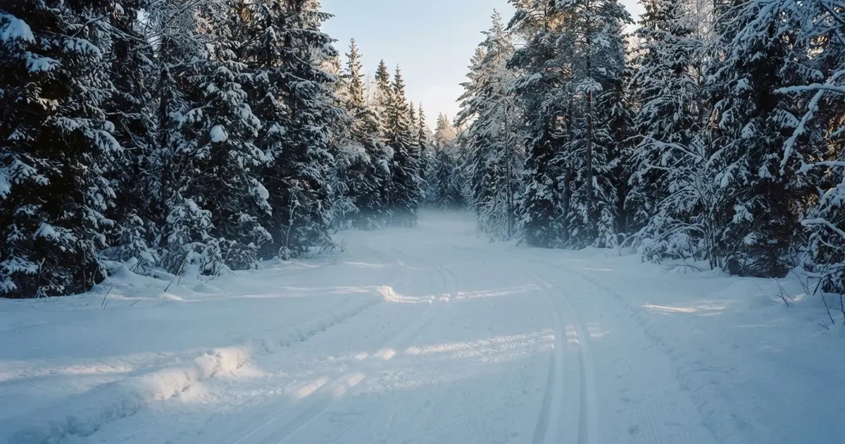Eine verschneite Loipe zwischen Fichten im Morgenlicht, frische Spuren im Schnee, kein Mensch zu sehen.