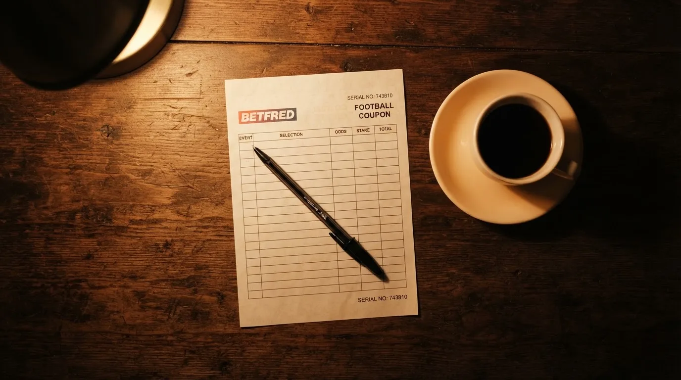 Ein leerer Papierwettschein und ein Kugelschreiber liegen auf einem Holztisch neben einer Tasse, warmes Licht einer Lampe.