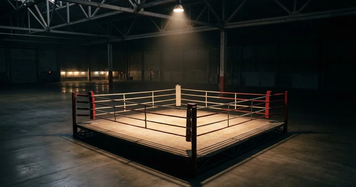Ein Boxring mit gespannten Seilen in einer leeren Halle, ein einzelner Scheinwerfer leuchtet von oben auf die Ringmatte.