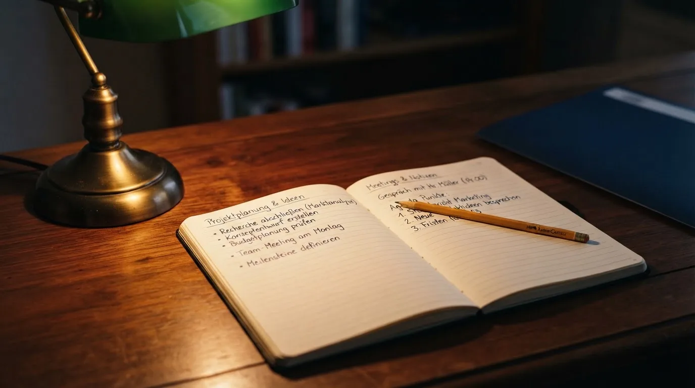 Ein Notizbuch mit handschriftlichen Notizen und ein Bleistift liegen neben einer Tischlampe auf einem Schreibtisch, ruhiges Abendlicht.