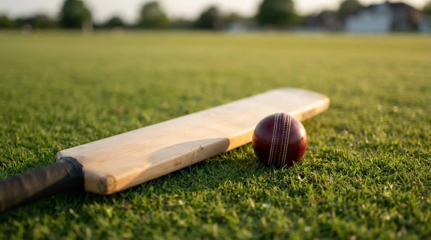 Ein Cricketschläger aus hellem Holz und ein roter Lederball liegen auf kurzem Rasen, weiches Abendlicht.
