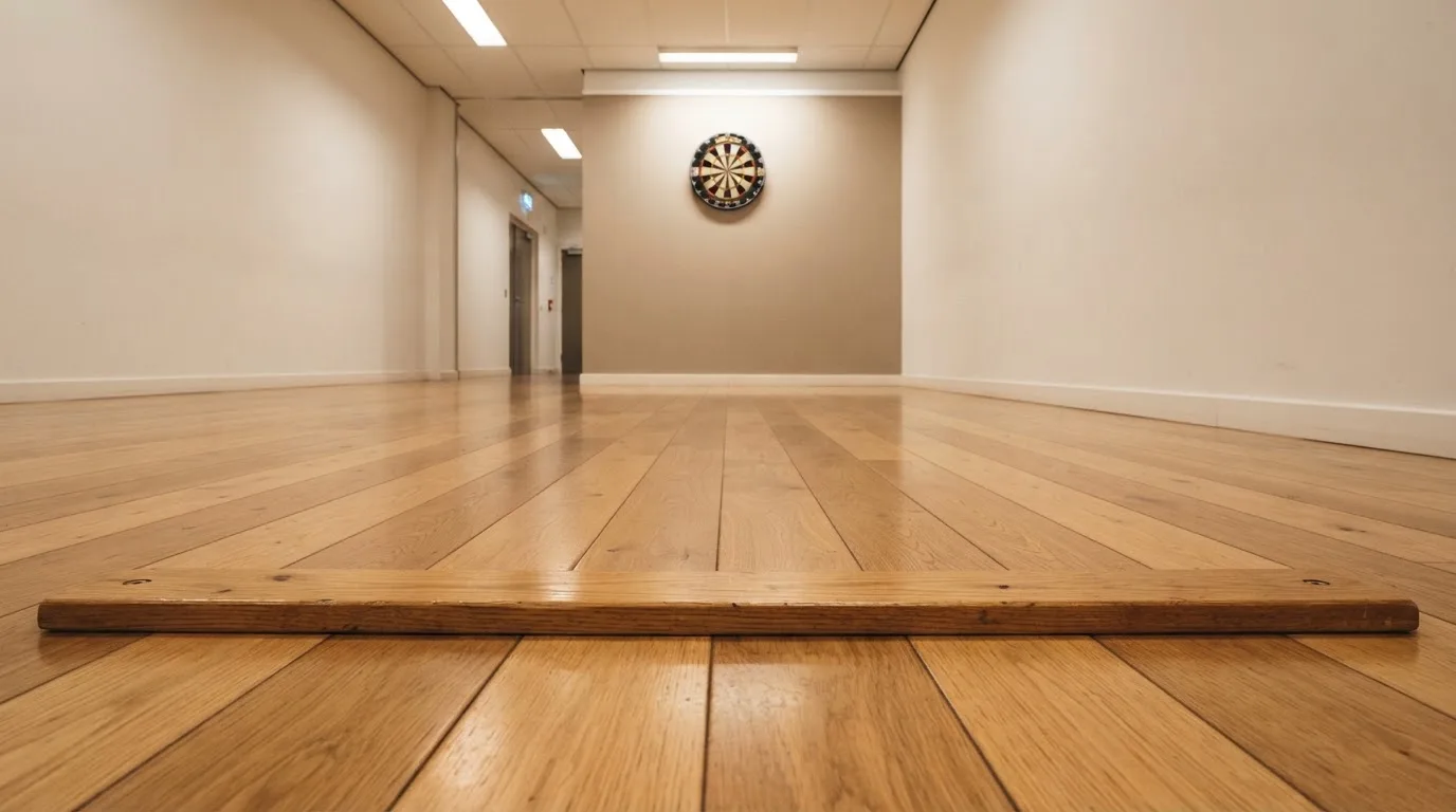 Eine Wurflinie aus Holz auf dem Hallenboden, im Hintergrund in der Ferne eine Dartscheibe an der Wand.