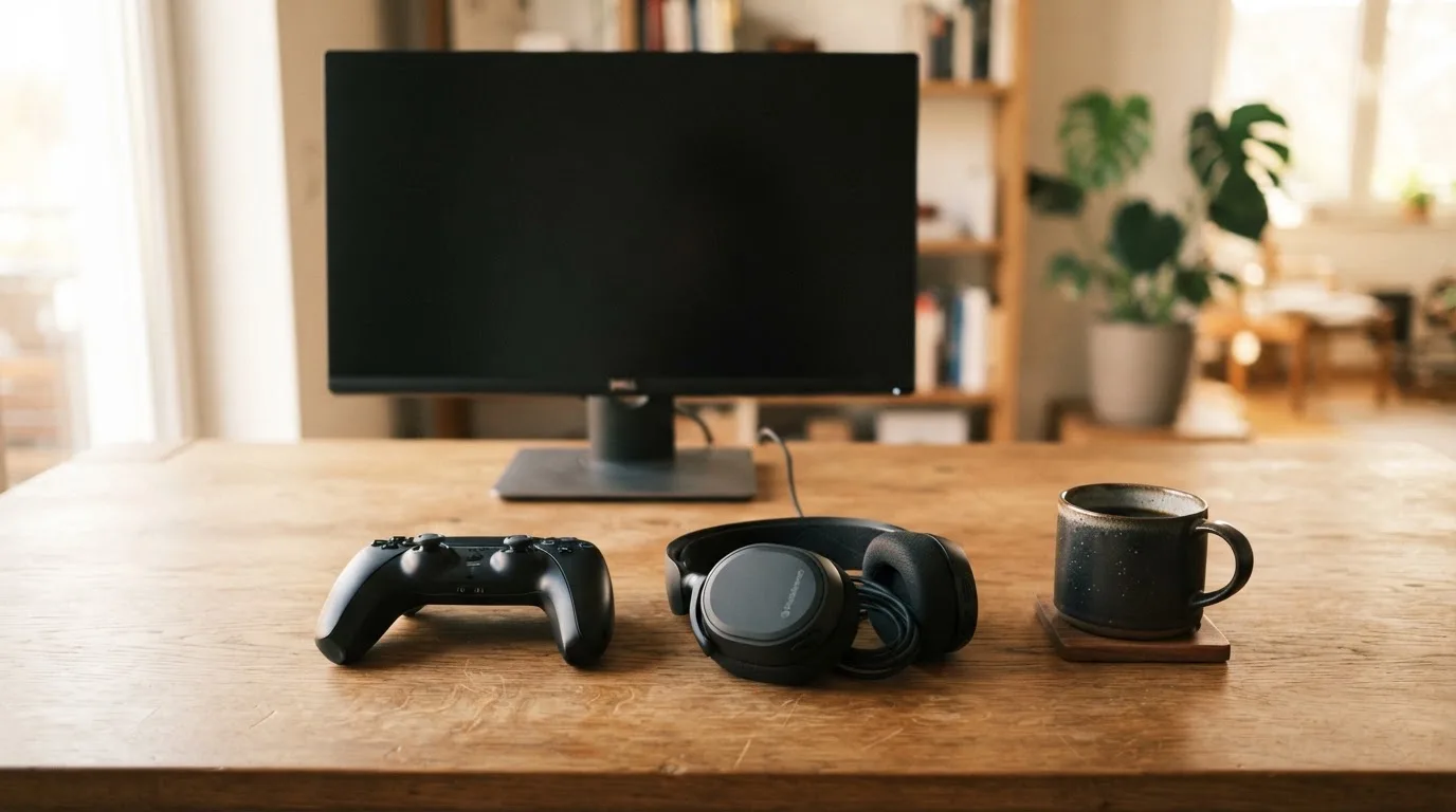 Ein Gamepad und ein Headset liegen auf einem Schreibtisch neben einer Tasse, der Bildschirm im Hintergrund ist ausgeschaltet.