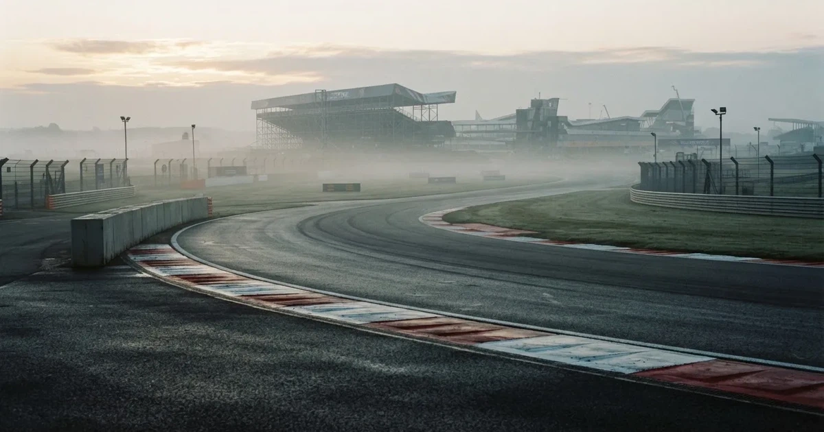 Eine leere Rennstrecke im Morgennebel, Asphalt mit rot-weißen Randsteinen, im Hintergrund Tribünen in der Ferne.