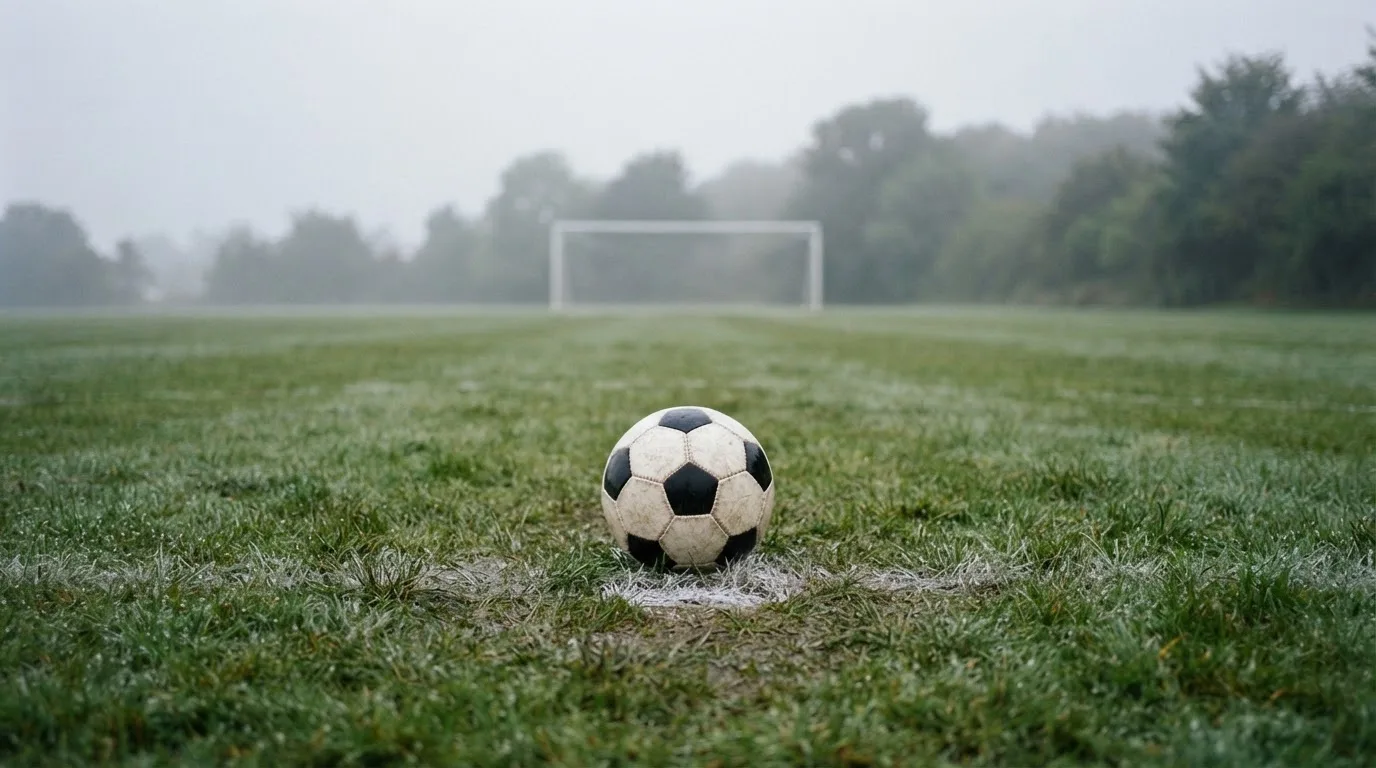 Ein Fußball liegt auf dem Elfmeterpunkt eines leeren Rasenplatzes, im Hintergrund unscharf ein Tor im Morgendunst.